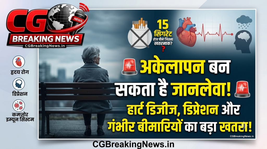 पार्क की बेंच पर अकेले बैठे व्यक्ति के माध्यम से अकेलेपन और स्वास्थ्य जोखिमों को दर्शाती जागरूकता तस्वीर