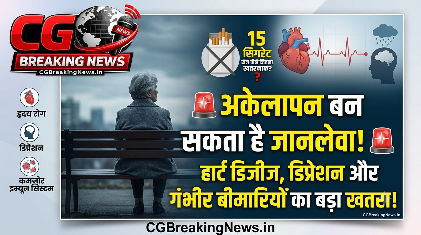 CGBreakingNews.in की खबर की हेडर इमेज: हिंदी हेडलाइन - अकेलापन बन सकता है जानलेवा! हार्ट डिजीज और डिप्रेशन का खतरा। साथ में एक अकेली बैठी महिला और मेडिकल आइकॉन।