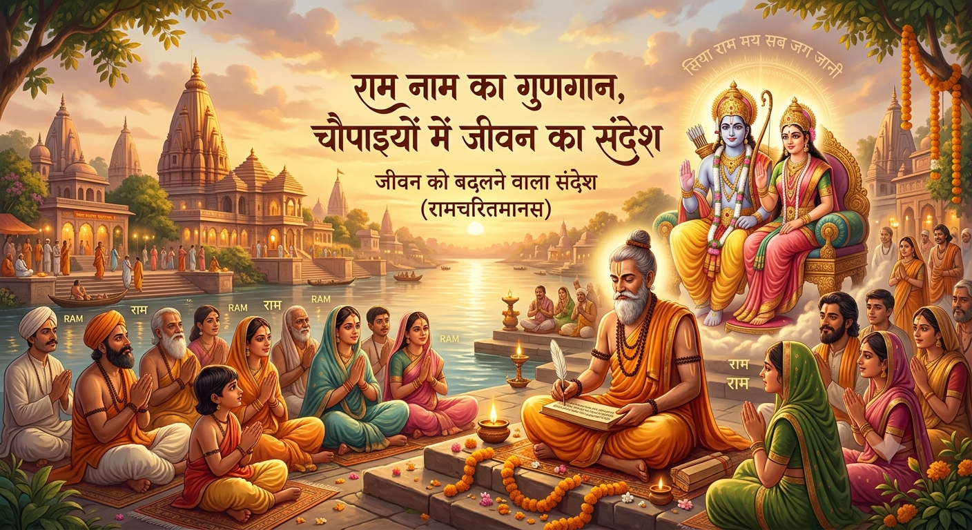 "पवित्र नदी तट पर गोस्वामी तुलसीदास जी रामचरितमानस लिखते हुए, आसपास हाथ जोड़े बैठे भक्तगण, और आकाश में दिव्य प्रकाश के साथ विराजमान भगवान श्री राम एवं माता सीता का मनमोहक दृश्य।"