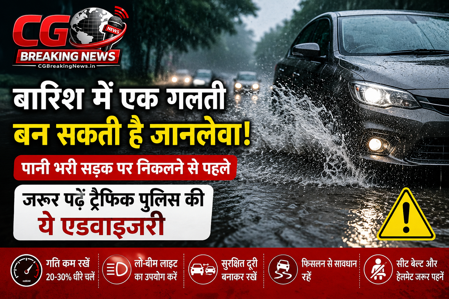 "बारिश में सुरक्षित ड्राइविंग टिप्स, पानी भरी सड़क पर वाहन चलाते समय ट्रैफिक पुलिस की सुरक्षा एडवाइजरी।"