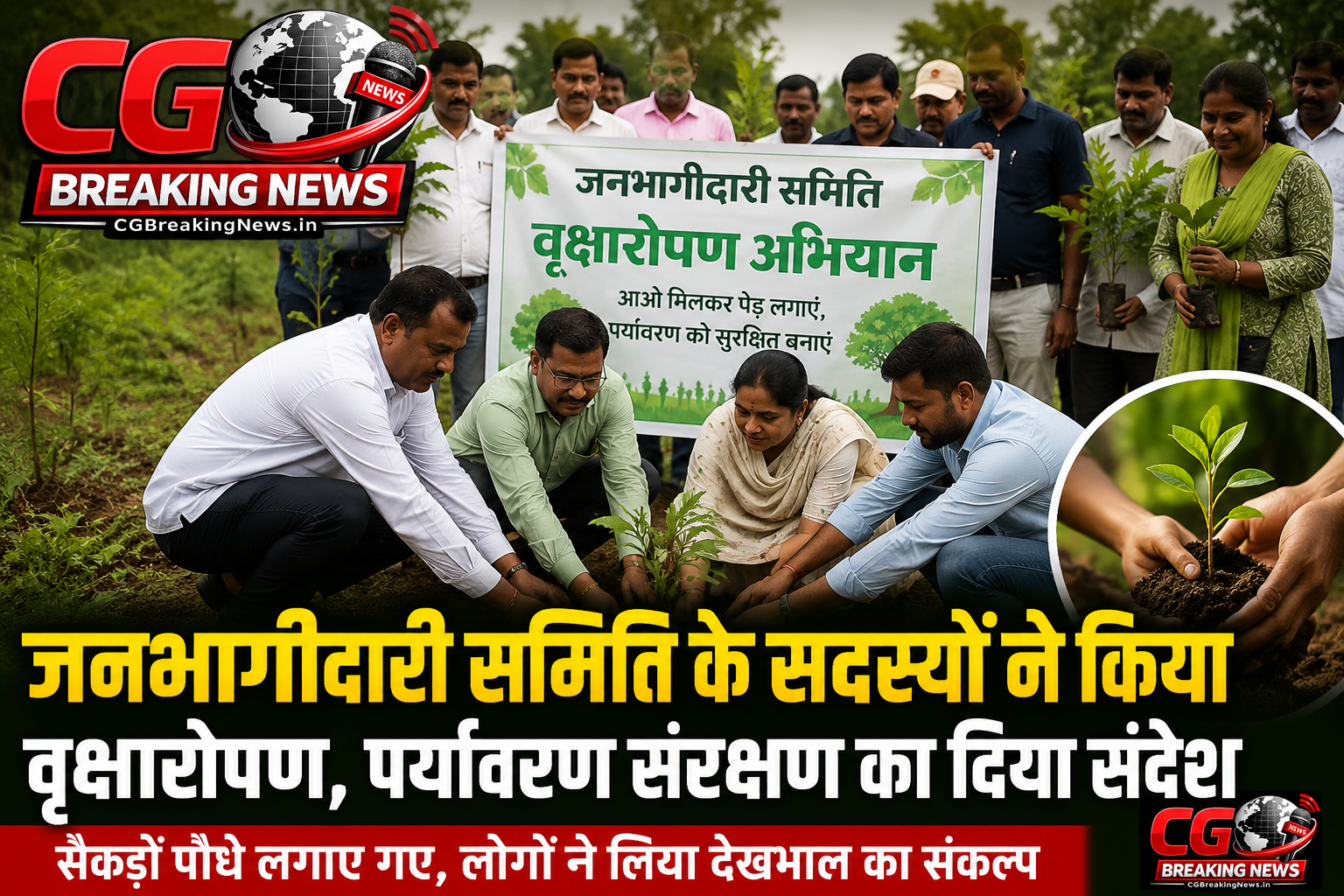 "जनभागीदारी समिति के सदस्यों द्वारा वृक्षारोपण अभियान के दौरान पौधे लगाते हुए, पर्यावरण संरक्षण का संदेश देते हुए।"