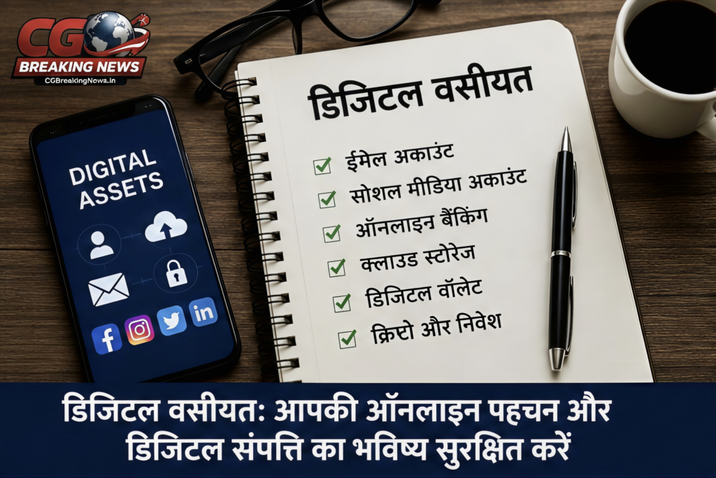 डिजिटल वसीयत में ईमेल, सोशल मीडिया, बैंकिंग और डिजिटल संपत्तियों की सूची बनाते हुए व्यक्ति