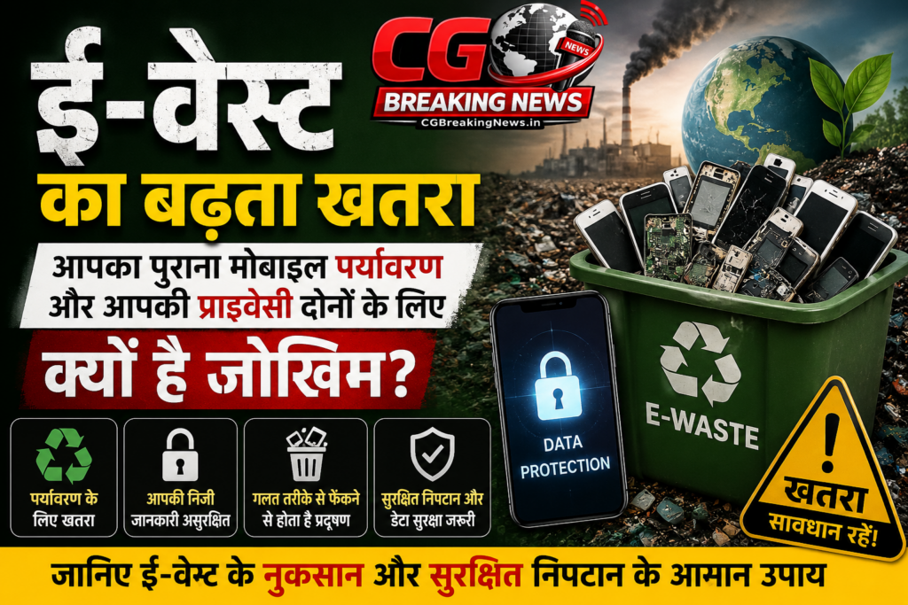 ई-वेस्ट का बढ़ता खतरा दिखाता चित्र, पुराने मोबाइल, ई-वेस्ट डस्टबिन, डेटा सुरक्षा और पर्यावरण प्रदूषण का दृश्य – CG Breaking News