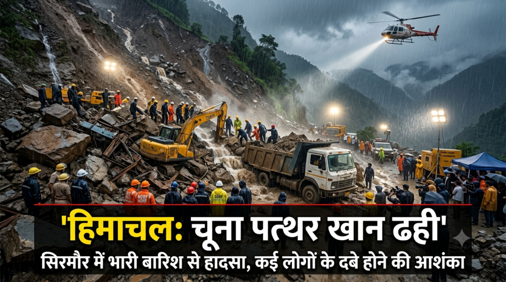 हिमाचल : चूना पत्थर खान ढही, सिरमौर में भारी बारिश से हादसा, कई लोगों के दबे होने की आशंका, यह तस्वीर AI द्वारा बनाया गया है 