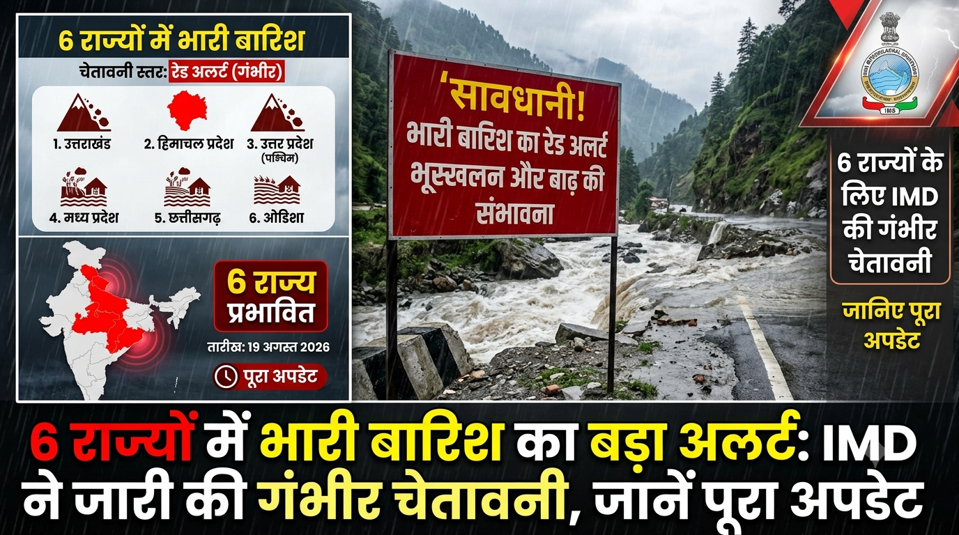 भारी बारिश का अलर्ट दर्शाती डिजिटल इंफोग्राफिक इमेज, जिसमें भारत का नक्शा, प्रभावित राज्य और सड़क पर बाढ़ चेतावनी का लाल बोर्ड दिखाई दे रहा है।